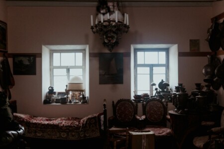 A room filled with furniture and a chandelier