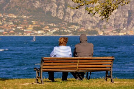 loneliness, couple, senior citizens, to think, sitting, mountain, panorama, nature, the needle